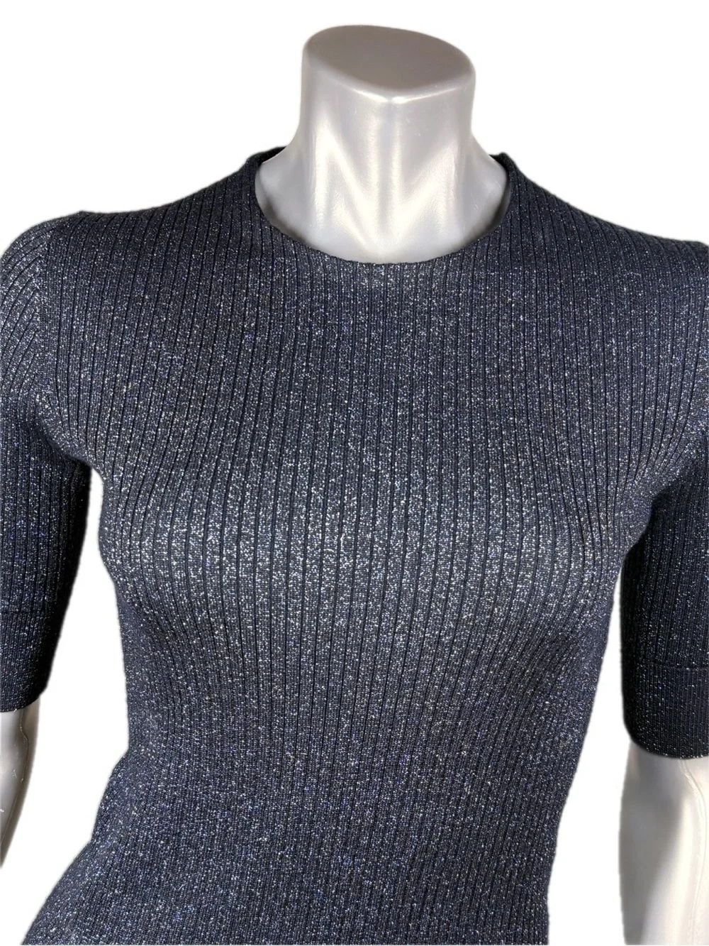 Tory Burch | Navy Blue Ribbed Short-Sleeve Metallic Knit Top - Silver Sparkle
